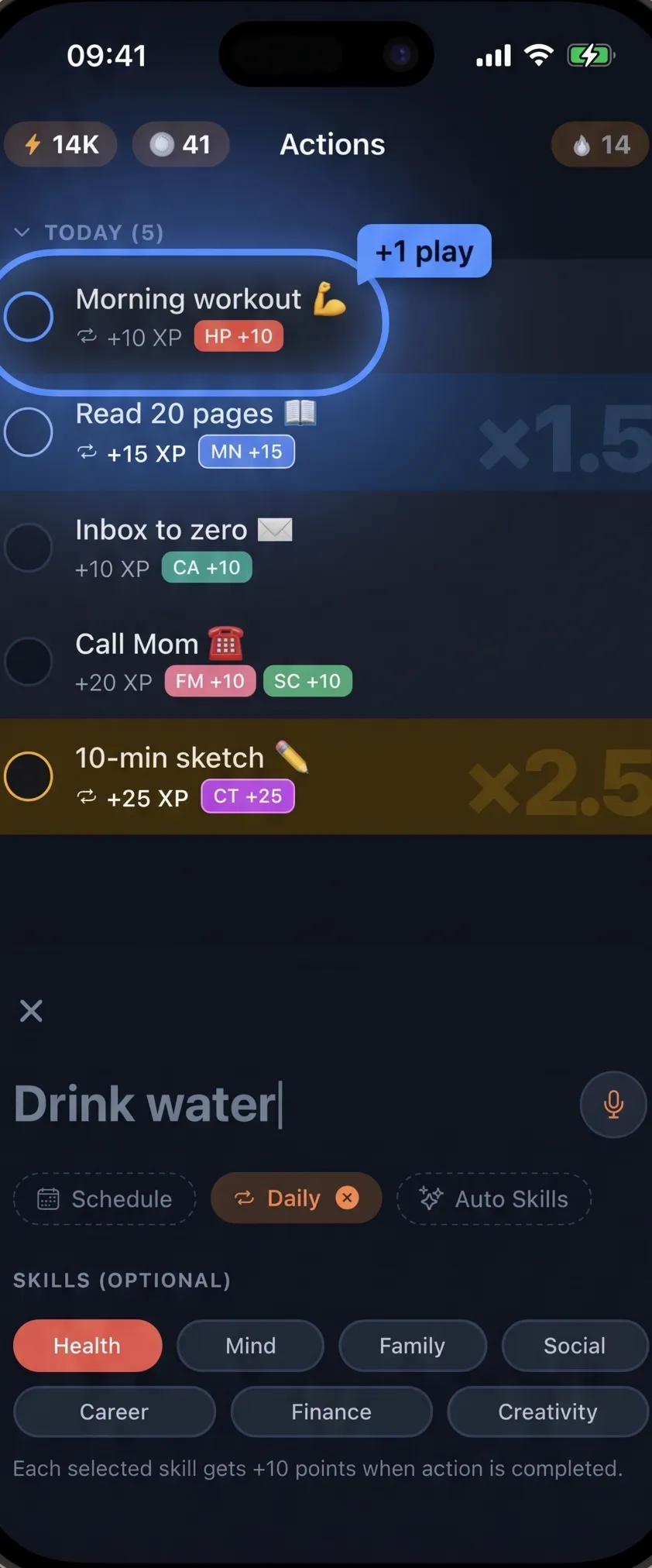 ActionPoints Actions screen: the day’s tasks with XP rewards, multiplier highlights and skill tags.