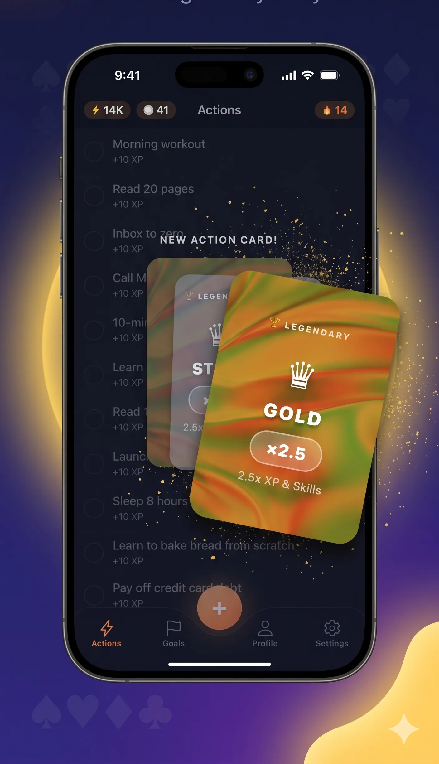 A Gold ×2.5 reward card being revealed for a completed Action.