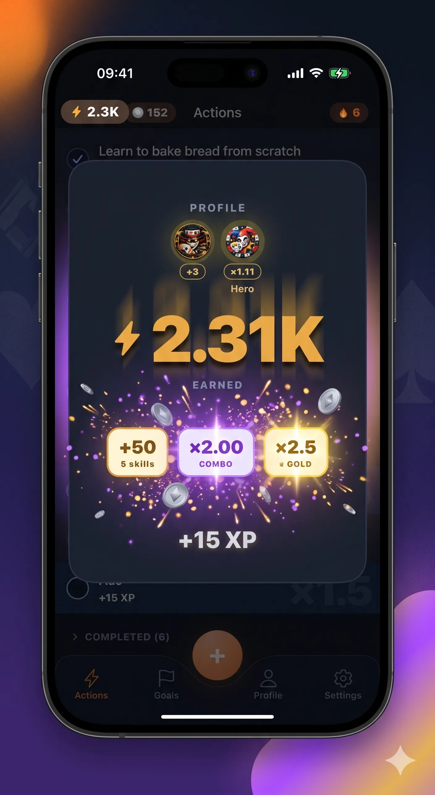 Claim Reward modal showing the XP cascade with BASE × combo × card multipliers.