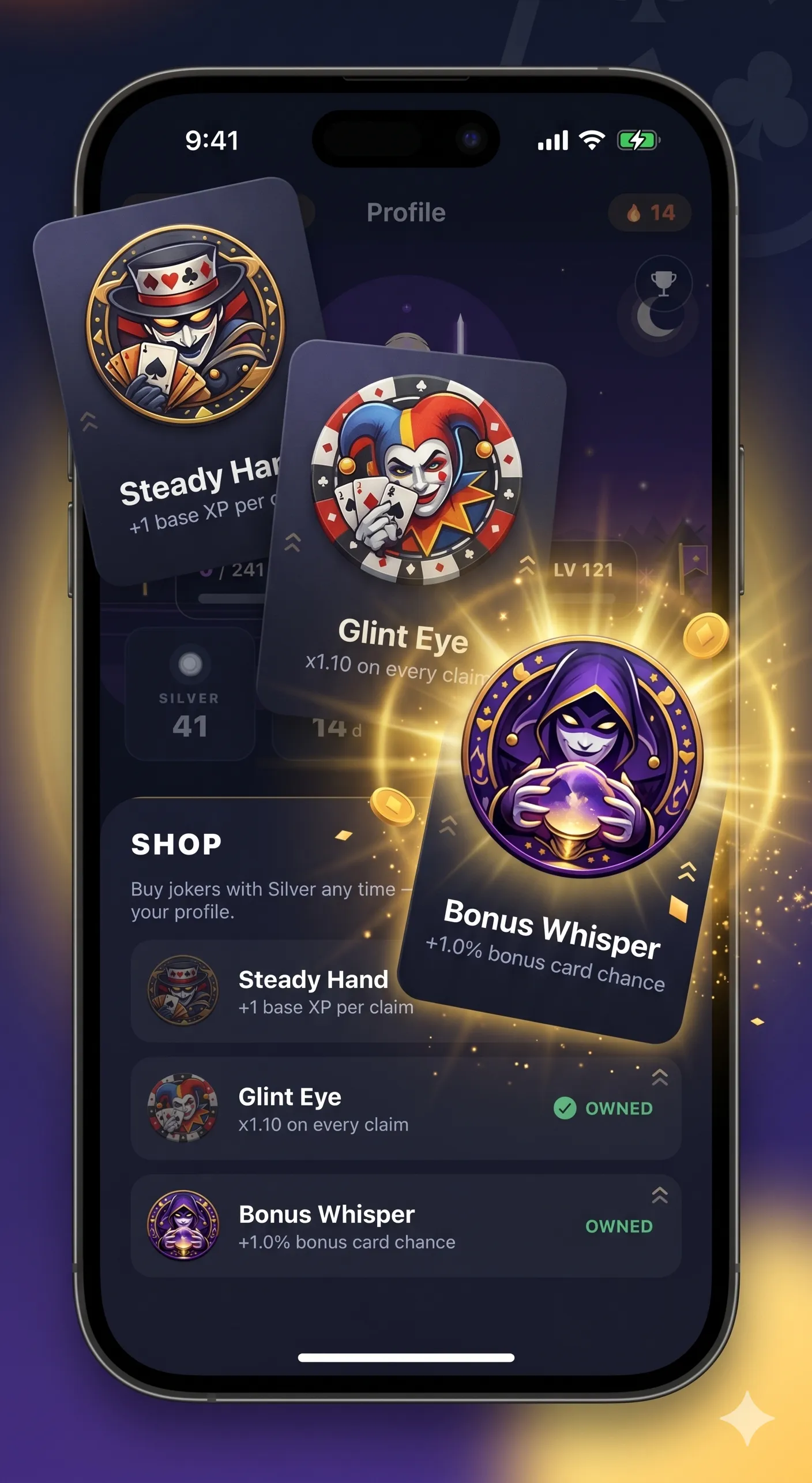 ActionPoints Joker collection: the Steady Hand, Glint Eye and Bonus Whisper chips bursting out of the shop.