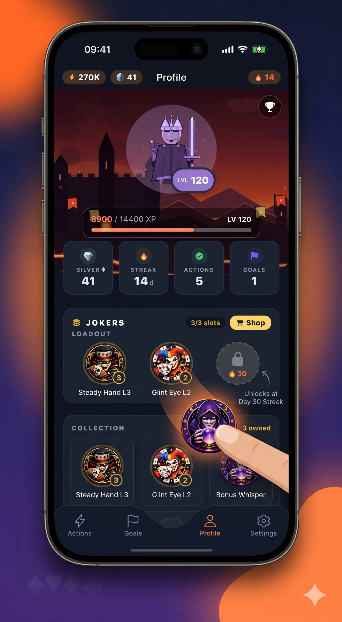 Profile Jokers section with a chip being dragged into a streak-gated loadout slot.