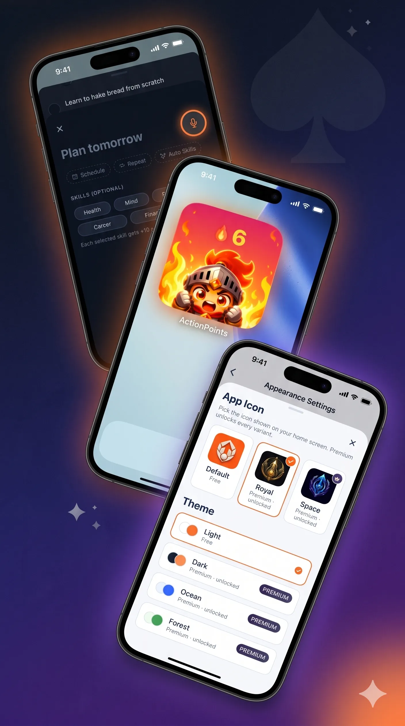 Premium personalisation in ActionPoints: theme palettes, exclusive app icons and the home-screen streak widget.
